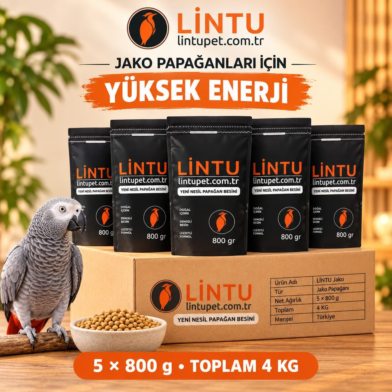 Lintu Afrika Enerji Jako Papağan Pelet Yemi – 5 × 800 g (4 kg)
